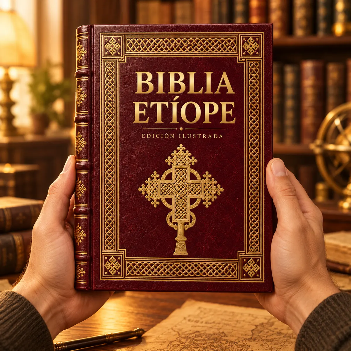 Maqueta de Biblia Etíope sostenida entre las manos, con detalles ornamentales dorados.