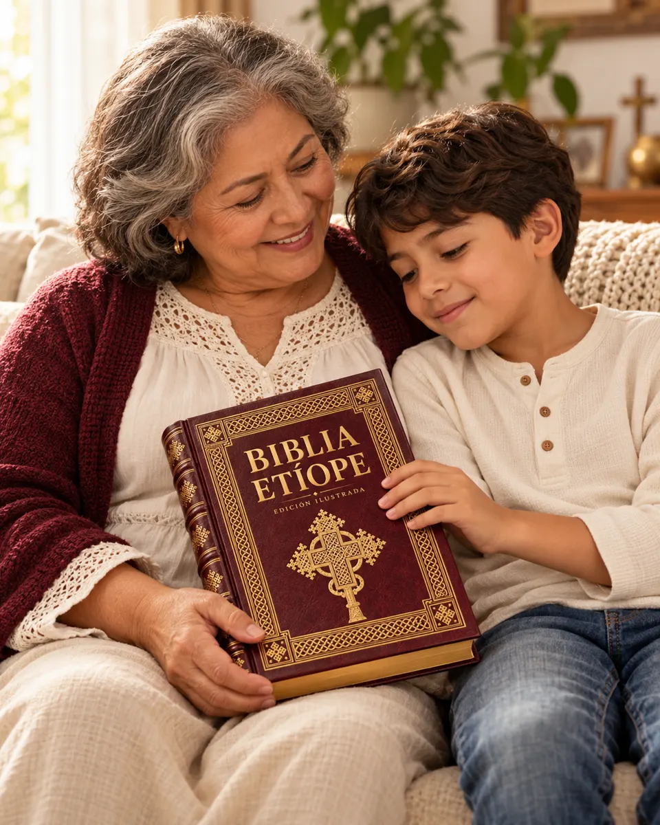 Escena ilustrativa de una abuela y su nieto compartiendo un momento con la maqueta de Biblia Etíope.