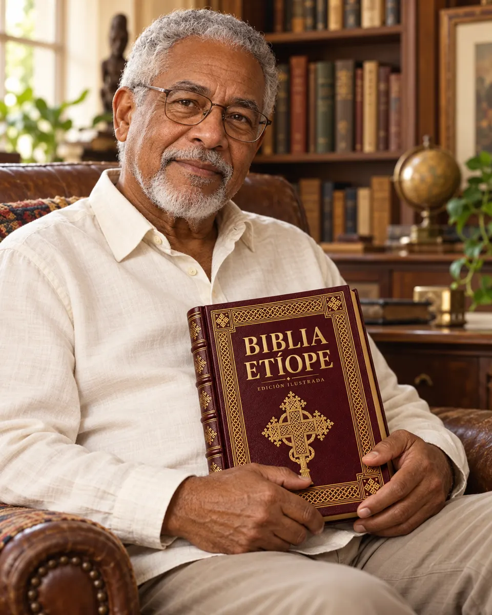 Retrato ilustrativo de un lector mayor con la maqueta de Biblia Etíope.