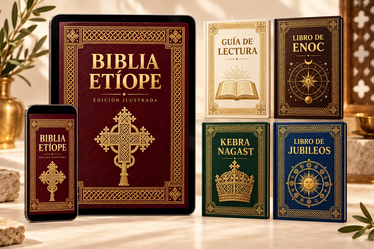 Maquetas de Biblia Etíope en tablet y teléfono junto a cuatro portadas de complementos digitales.