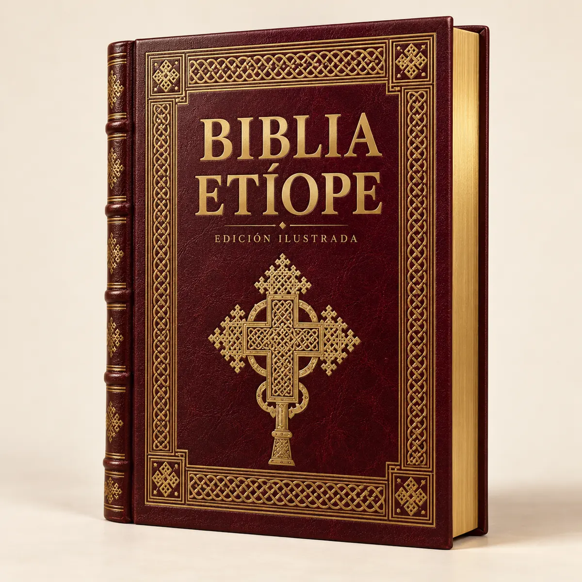 Maqueta de la portada de Biblia Etíope, edición ilustrada, en color vino y dorado.