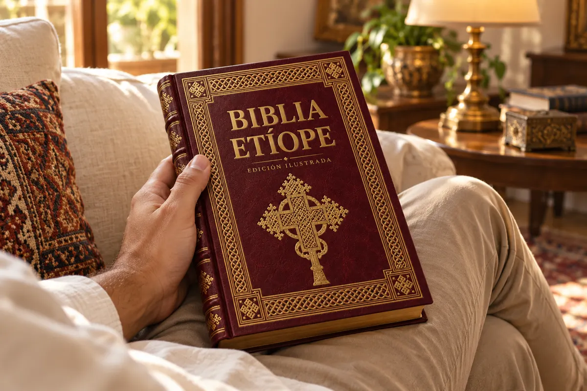 Escena ilustrativa de una persona sosteniendo la maqueta de Biblia Etíope en un ambiente acogedor.