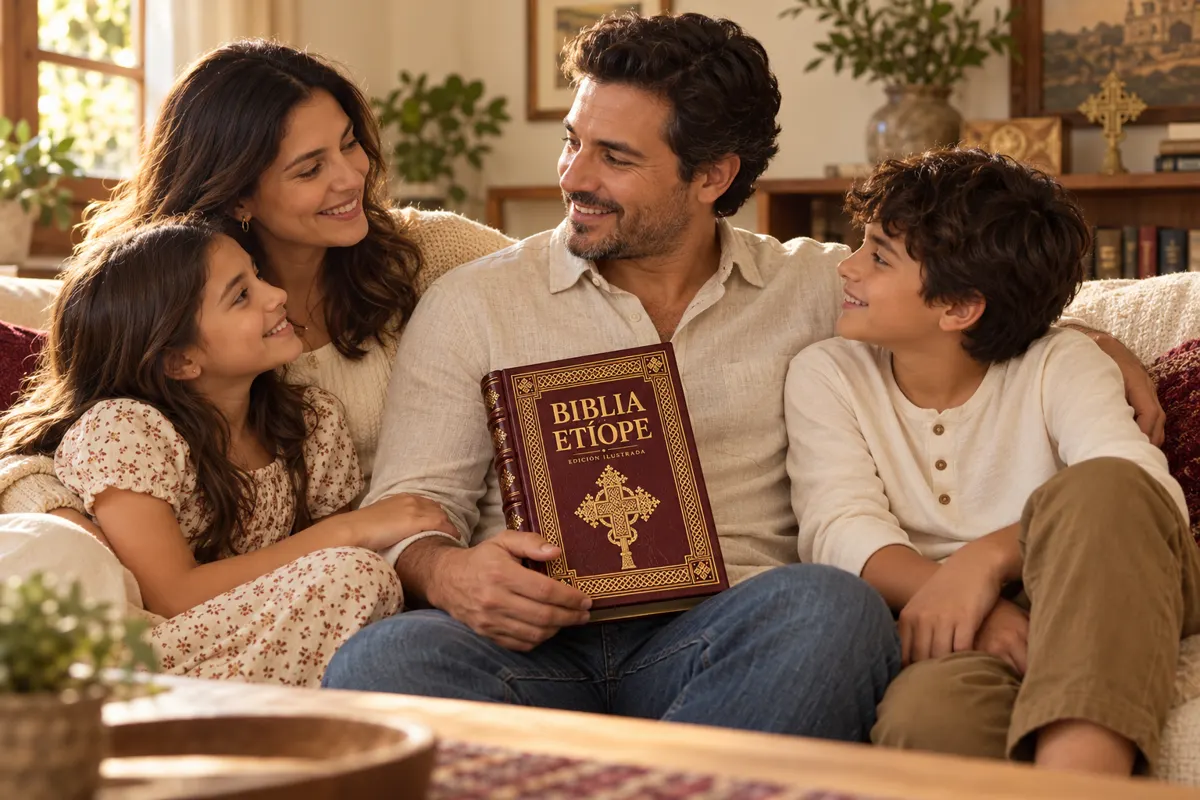 Escena ilustrativa de una familia reunida con la maqueta de Biblia Etíope.